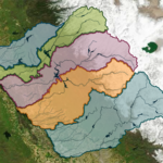 Satellite map of Sierra Nevada region, showing 5 regions in different colors.