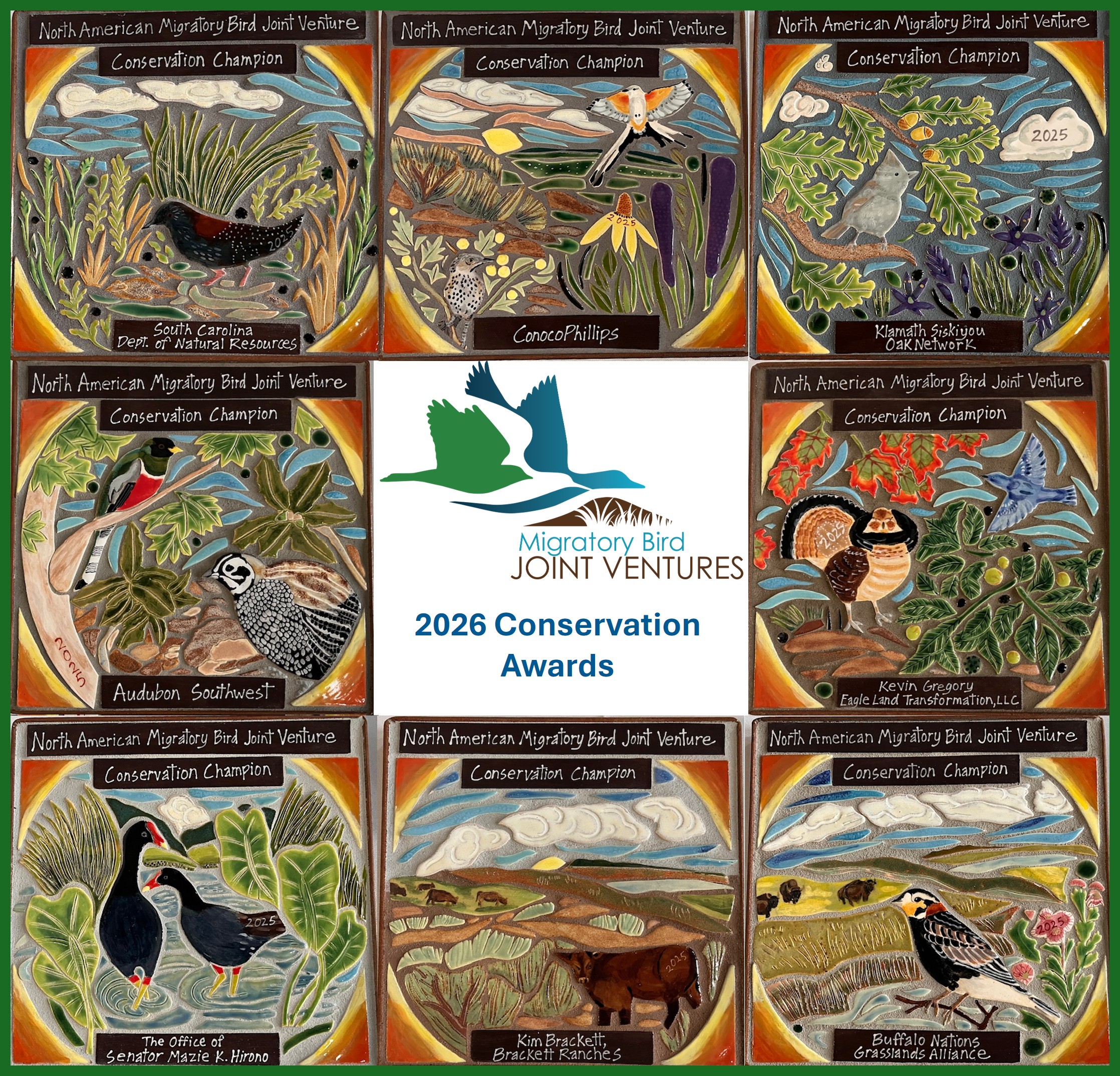 8 colorful plaques show award names and recipients, along with the MBJV logo