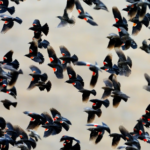flock of black birds with red and white wing bars